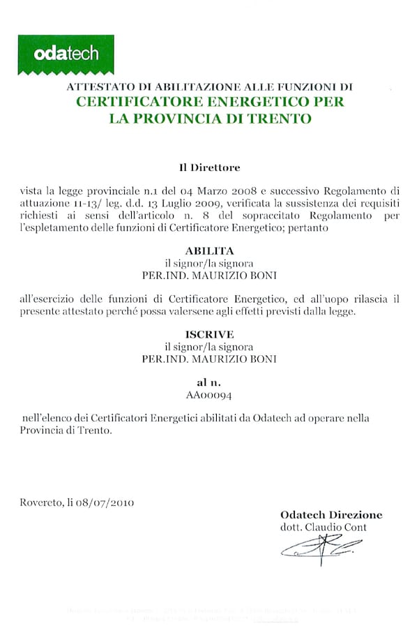 Attestato di abilitazione Certificatore energetico per la provincia di Trento - Studio Boni