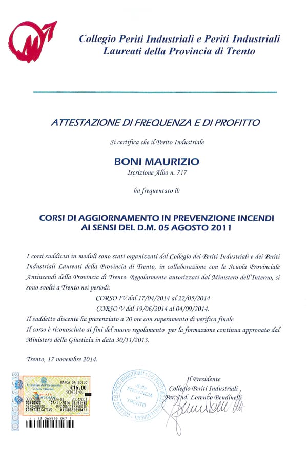 Attestato di frequentazione e profitto Corso di aggiornamento in prevenzione incendi - Studio Boni