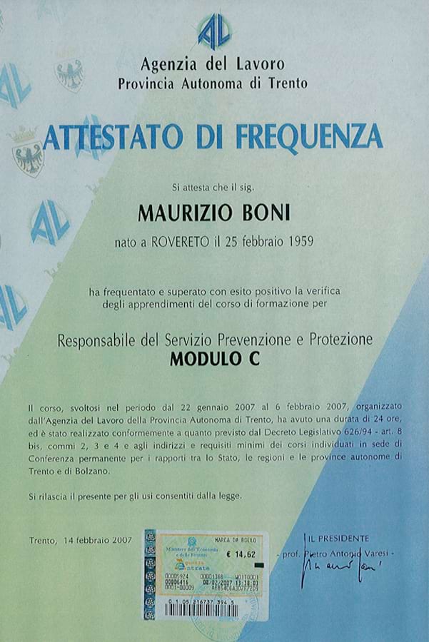 Attestato di frequenza - Studio Boni