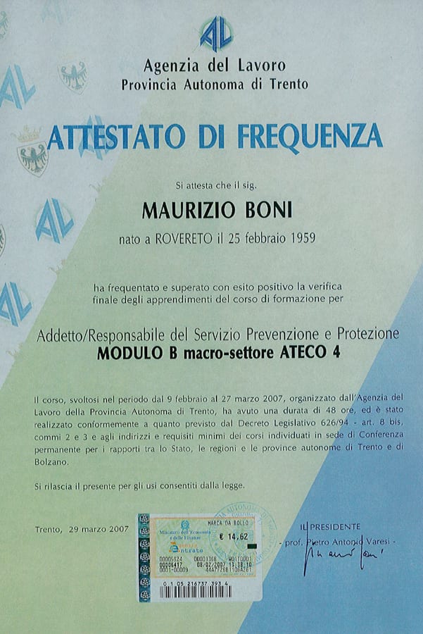 Attestato di frequenza - Studio Boni