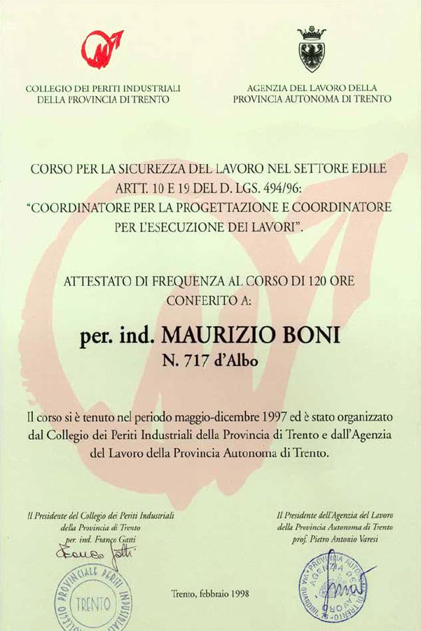 Attestato di frequenza Corso per la sicurezza sul lavoro nel settore edile