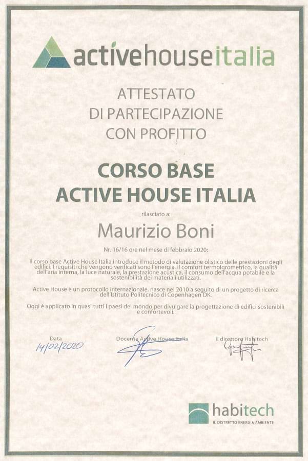 Attestato di partecipazione con profitto Corso base Active House Italia - Studio Boni