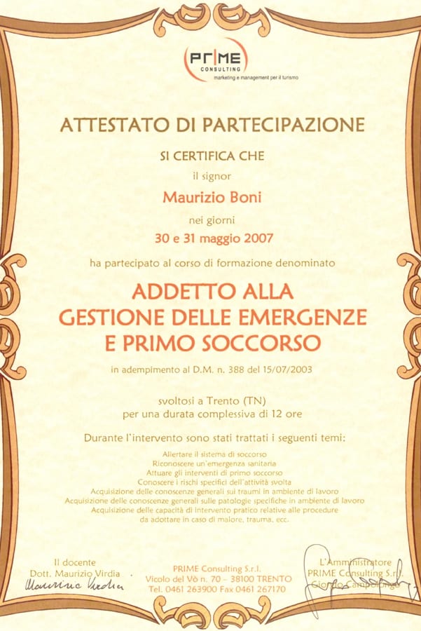 Attestato di partecipazione Corso Addetto alla gestione delle emergenze e primo soccorso - Studio Boni