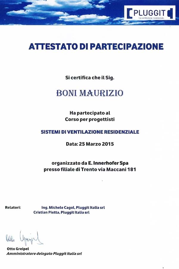 Attestato di partecipazione Corso Sistemi di ventilazione residenziale - Studio Boni