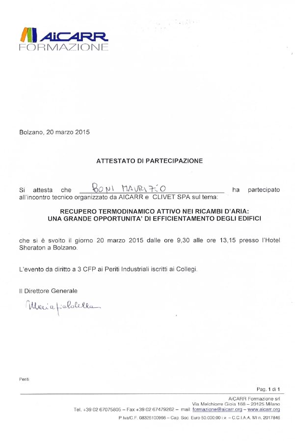 Attestato di partecipazione Incontro Recupero termodinamico attivo nei ricambi d'aria - Studio Boni