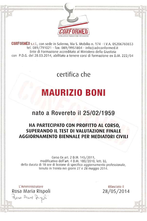 Attestato di partecipazione e profitto Corso aggiornamento biennale per mediatori civili - Studio Boni
