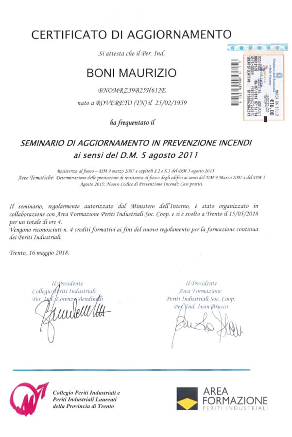 Attestato di partecipazione Seminario di aggiornamento in prevenzione incendi - Studio Boni