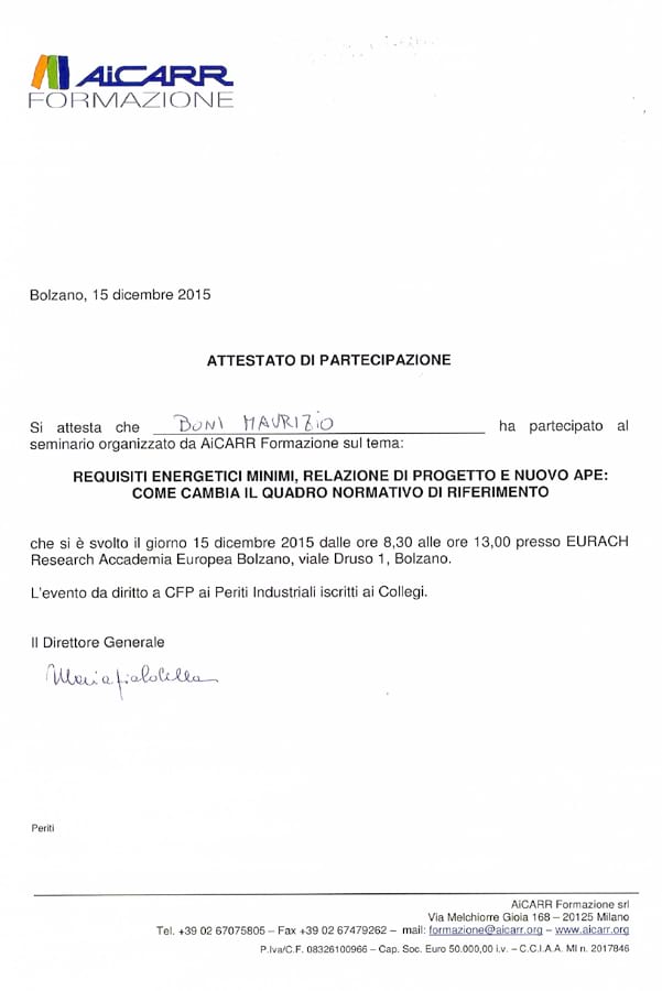 Attestato di partecipazione Seminario Requisiti energetici minimi, relazione di progetto e nuovo APE - Studio Boni