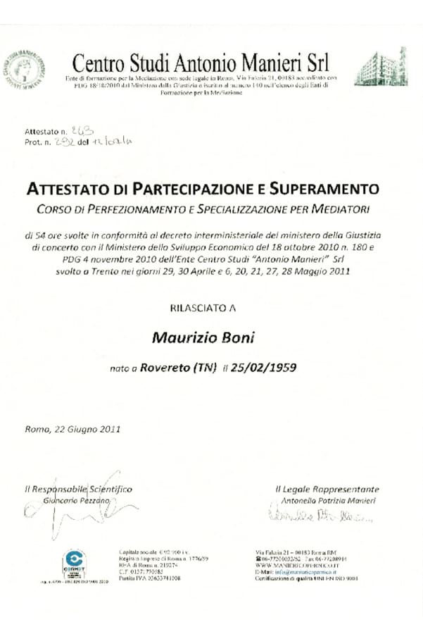 Attestato di partecipazione e superamento Corso di perfezionamento e specializzazione per mediatori - Studio Boni