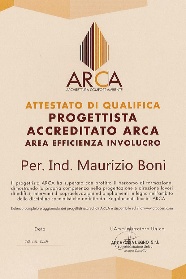 Attestato di qualifica Progettista accreditato ARCA - Studio Boni