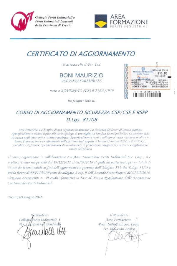 Certificato di aggiornamento Corso sicurezza - Studio Boni