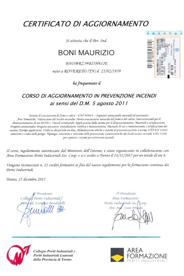 Certificato Corso di aggiornamento in prevenzione incendi - Studio Boni