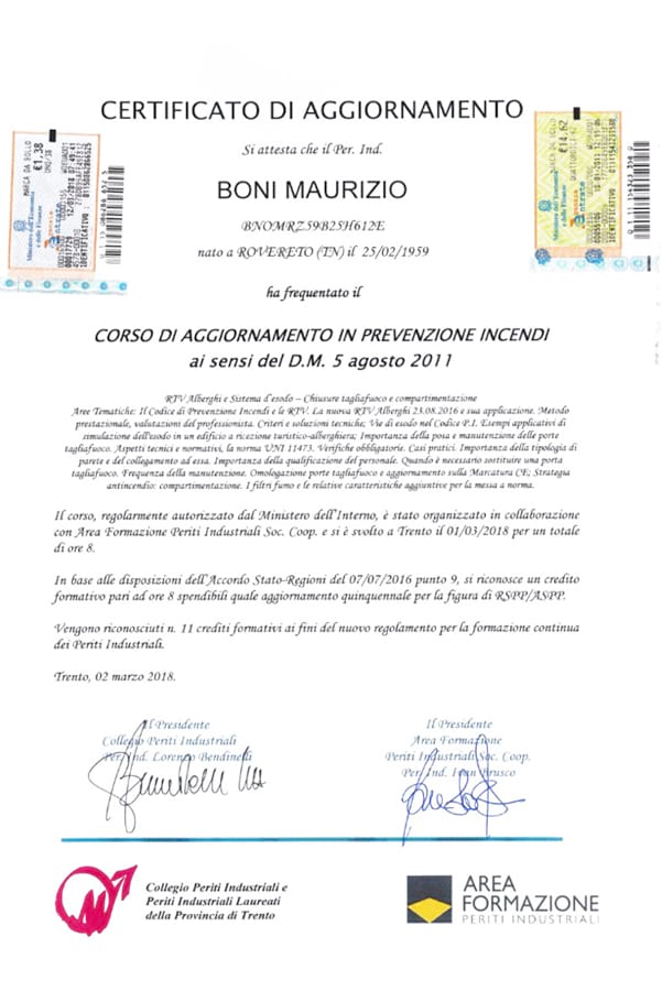 Certificato Corso di aggiornamento in prevenzione incendi - Studio Boni