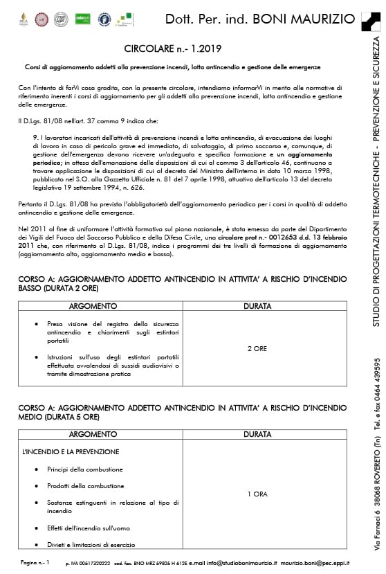 Corsi di aggiornamento addetti prevenzione incendi - Circolare 01.2019 - Studio Boni