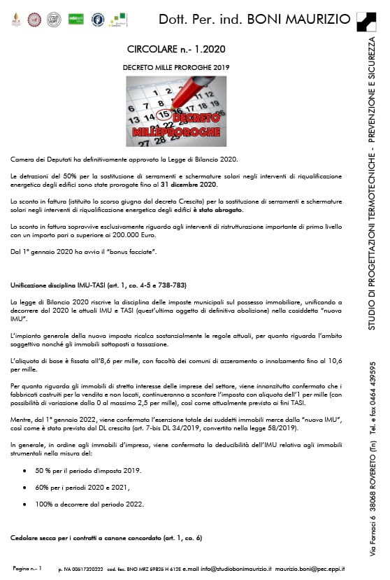 Decreto Mille Proroghe 2019 - Circolare 01.2020 - Studio Boni