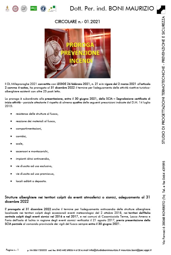 Proroga prevenzione incendi strutture alberghiere - Circolare 01.2021 - Studio Boni