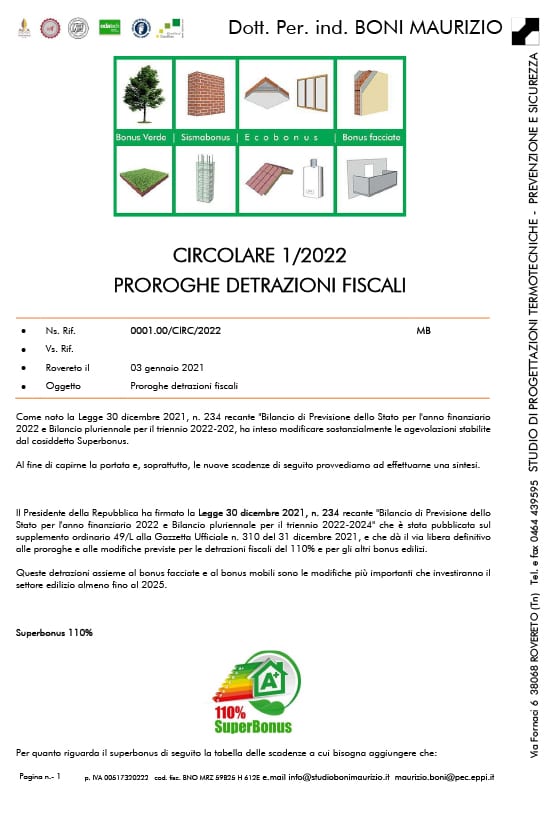 Proroghe detrazioni fiscali - Circolare 01.2022 - Studio Boni