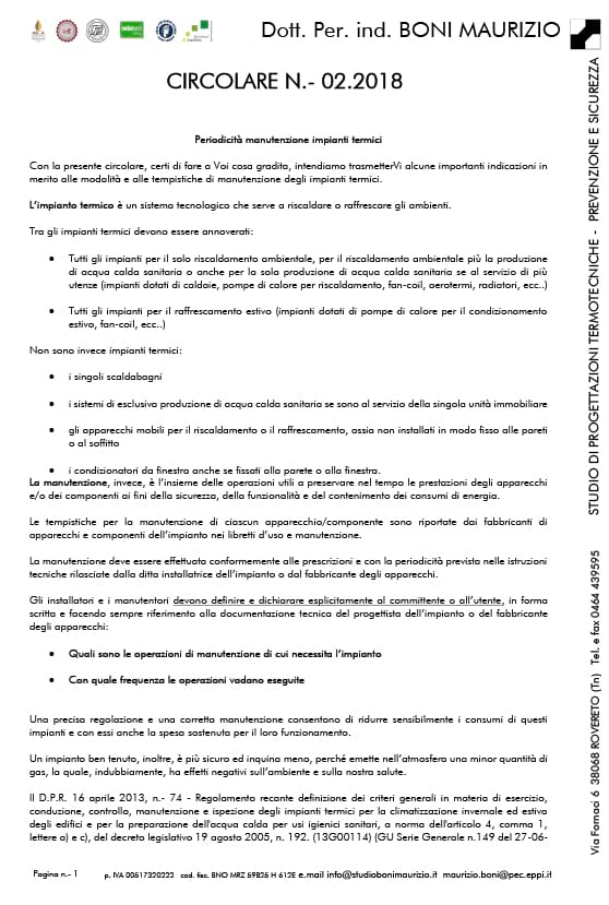 Periodicità manutenzione impianti termici - Circolare 02.2018 - Studio Boni