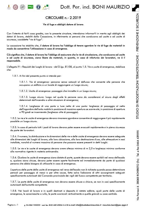 Vie di fuga e obblighi datore di lavoro - Circolare 02.2019 - Studio Boni