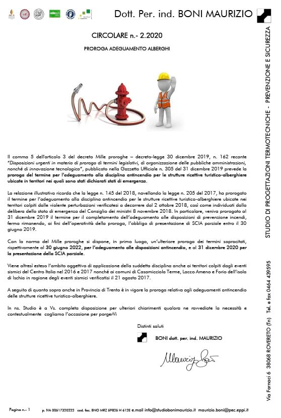 Proroga adeguamento alberghi - Circolare 02.2020 - Studio Boni
