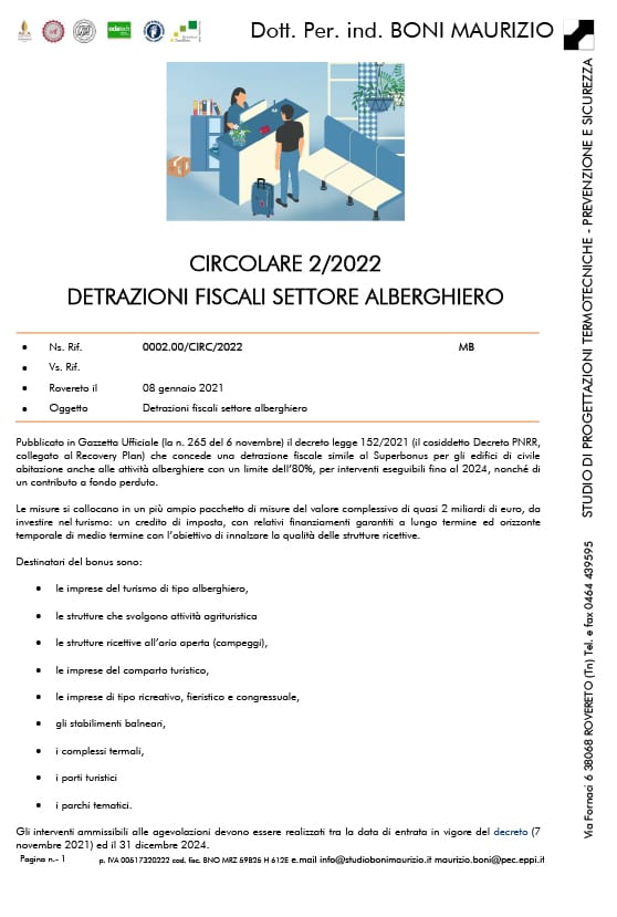 Detrazioni fiscali settore turistico - Circolare 02.2022 - Studio Boni