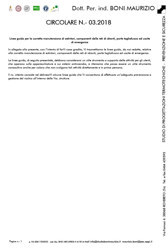 Linee guida per la corretta manutenzione di estintori, componenti delle reti di idranti, porte tagliafuoco ed uscite di emergenza - Circolare 03.2018 - Studio Boni