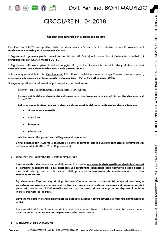Regolamento generale per la protezione dei dati - Circolare 04.2018 - Studio Boni