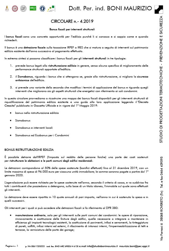 Bonus fiscali per interventi strutturali - Circolare 04.2019 - Studio Boni