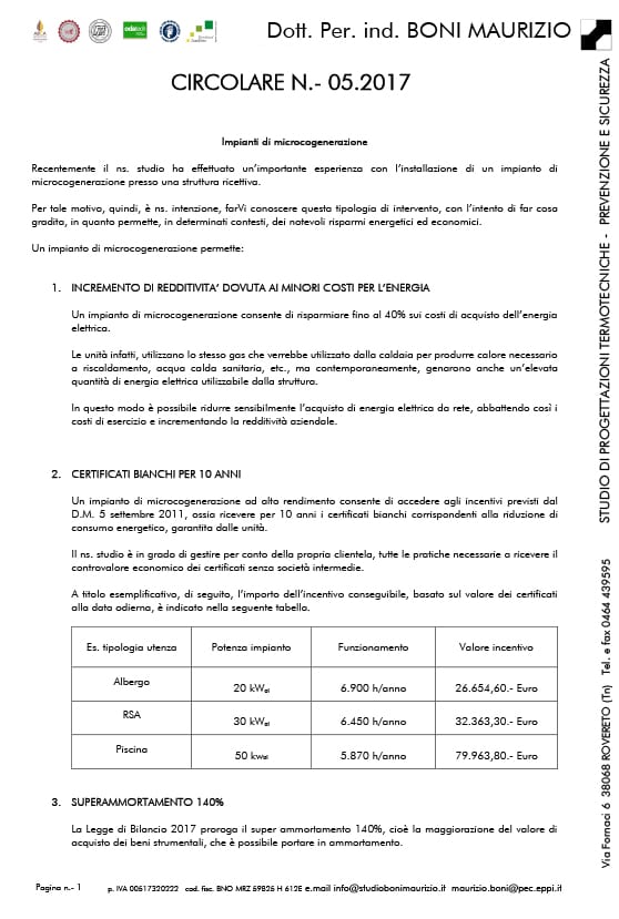 Impianti di microcogenerazione - Circolare 05.2017 - Studio Boni