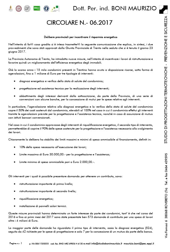 Delibere provinciali per incentivare il risparmio energetico - Circolare 06.2017 - Studio Boni