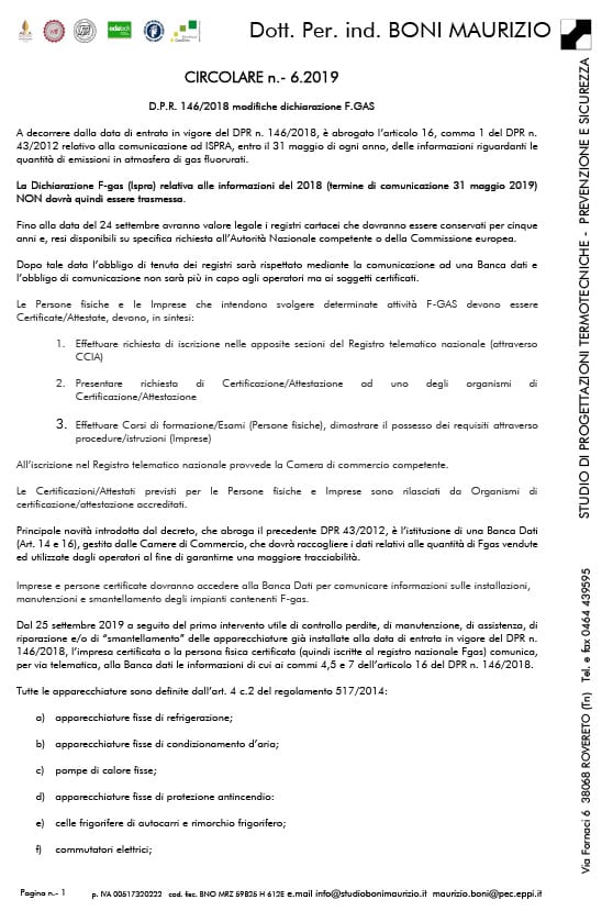 D.P.R. 146/2018 modifiche dichiarazione F.GAS - Circolare 06.2019 - Studio Boni