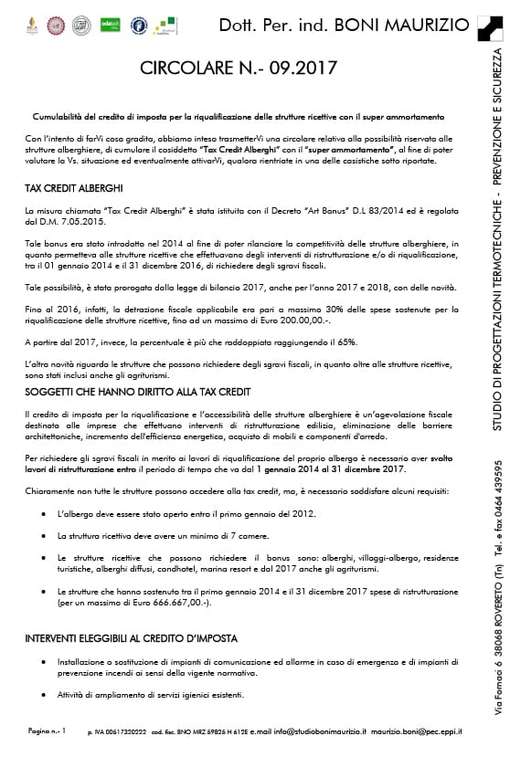 Cumulabilità del credito di imposta per la riqualificazione delle strutture ricettive con il super ammortamento - Circolare 09.2017 - Studio Boni