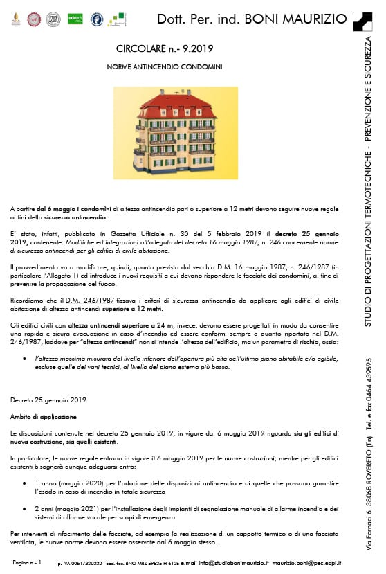 Norme antincendio condomini - Circolare 09.2019 - Studio Boni