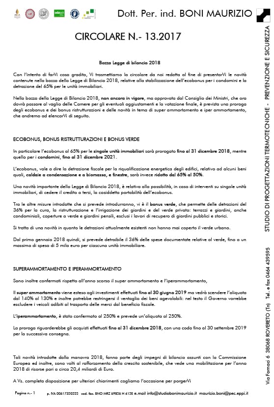 Bozza Legge di bilancio 2018 - Circolare 13.2017 - Studio Boni